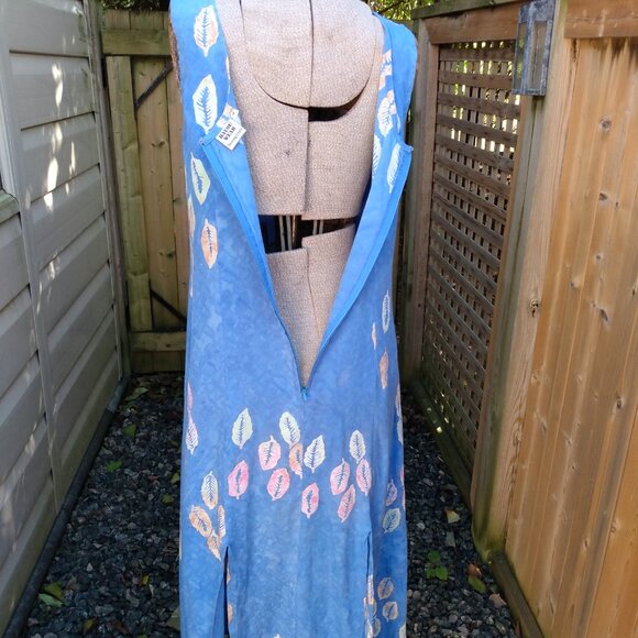 Vintage Hawaiian Dress Sz Medium Blue Tropical Leaf Batik Maxi Long Boho Hippy - Picture 10 of 13